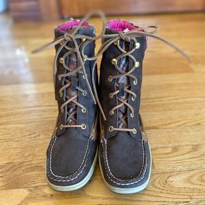 Sperry Topsider Boots. Pink Plaid Brown